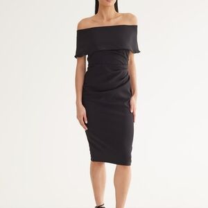 Marina Black Off the Shoulder Midi Bodycon Dress